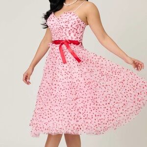 Pink Floral Midi Dress with Red Bow